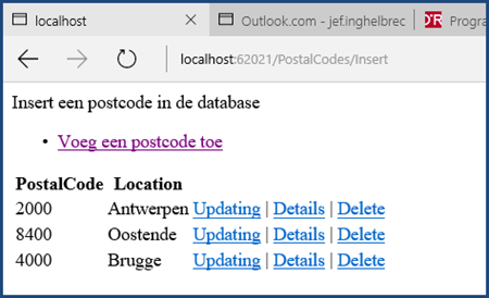 Resultaat Selecting Pagina PostalCodes met toegevoegde postcodes Oefening EFCF Use Case PostalCodes Inserting